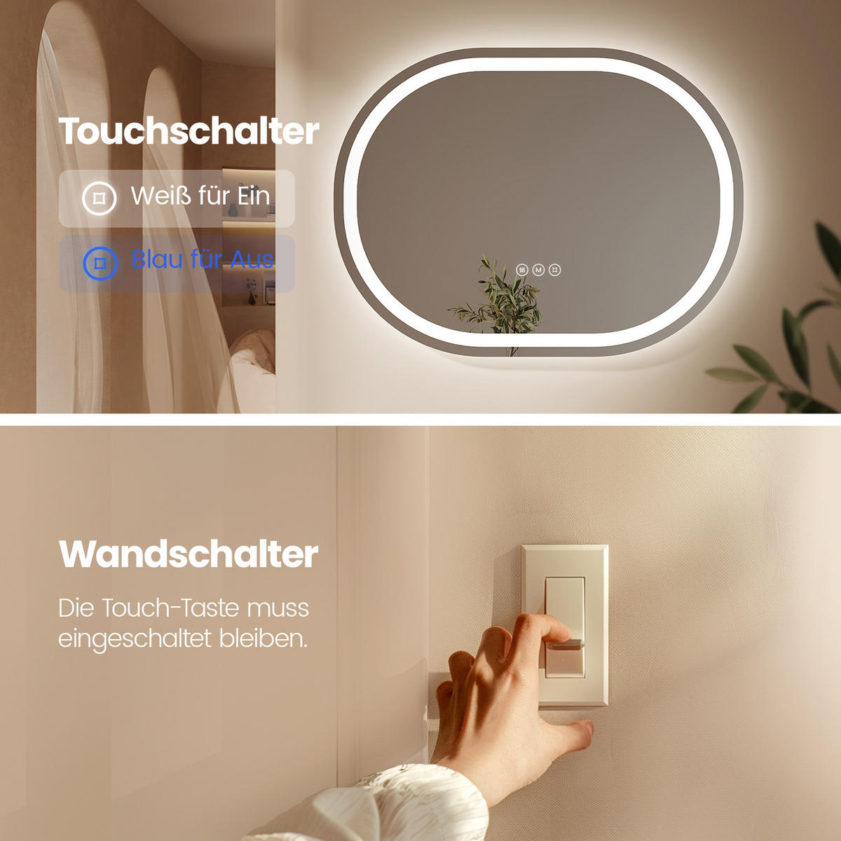 BADSPIEGEL mit Beleuchtung in Laufbahnform 70/50 cm - Weiß, Glas (50/2.5/70cm) - EMKE