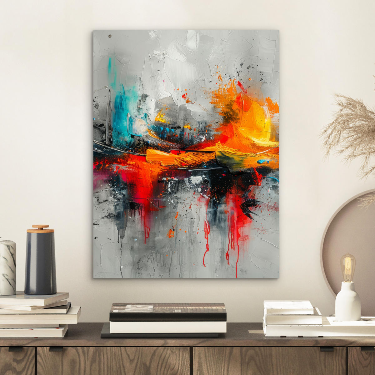 KOVOVÝ OBRAZ Moderné umenie - Oranžová - Sivá - Abstraktné 30x40 cm - svetlosivá, kov (30/40cm) - MuchoWow
