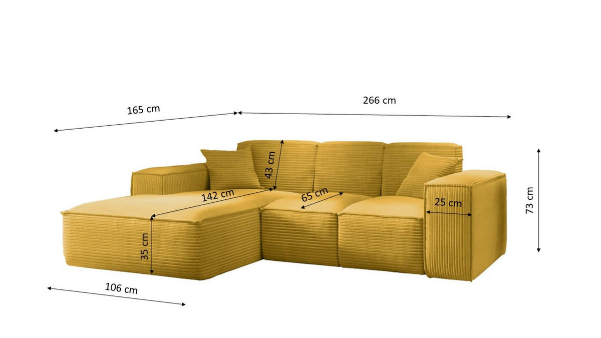 ECKSOFA L-Form Wohnzimmer SIENA Stoff Poso Gelb Links - Gelb, Holz/Textil (165/266cm) - Kaiser Möbel