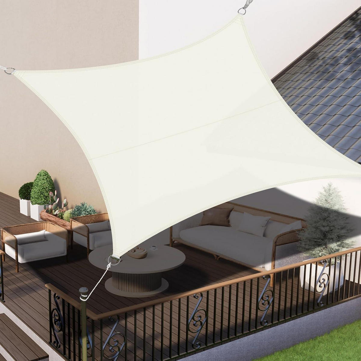 SONNENSEGEL 5 x 5 m Cremeweiß Wasserdicht UV-Schutz - Creme, Textil (20/35cm)