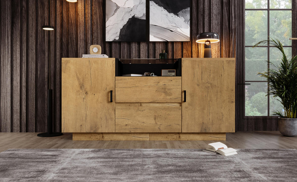 SIDEBOARD in Eichenoptik mit braun getöntem ESG-Glas, 2 Schubladen, 2 Türen und offenem Fach, schwarze Griffe, 140/40/70 cm, Eichenoptik - Eichefarben, Holzwerkstoff (140/70/40cm) - Redom