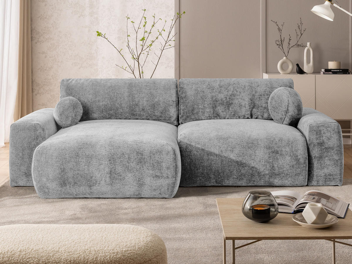 ECKSOFA Puffy mit Schlaffunktion und Bettkasten - besonders weich und puffig aus Hellgrau Stoff mit Chenillestruktur - Ottomane links - Hellgrau/Schwarz, Holz/Kunststoff (138/266cm) - S-Style Möbel