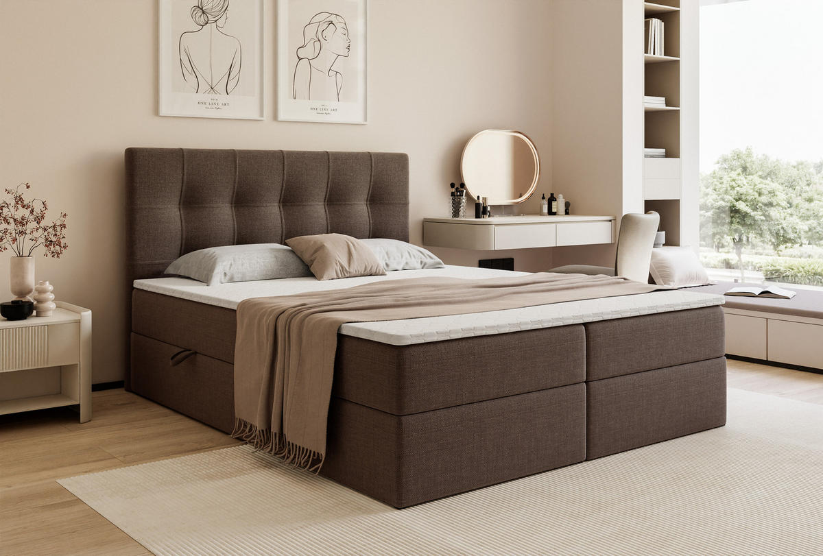 BOXBETT VENUS 200/200 cm, mit Matratze und Topper, Braun - Braun, Holzwerkstoff/Textil (200/200cm) - Idohome