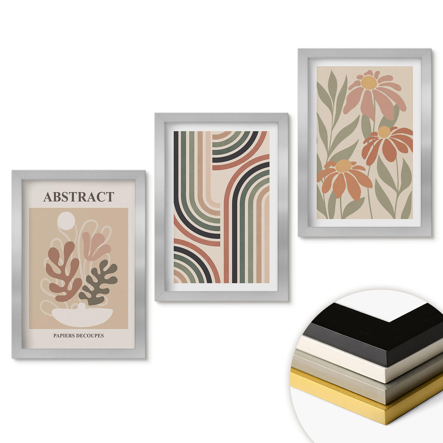 WANDBILDER 3er Set - 20x30 cm Silberner Rahmen - Abstrakte Pflanzen in Pastellfarben - Silberfarben, Kunststoff (20/30cm) - ArtPrintCave