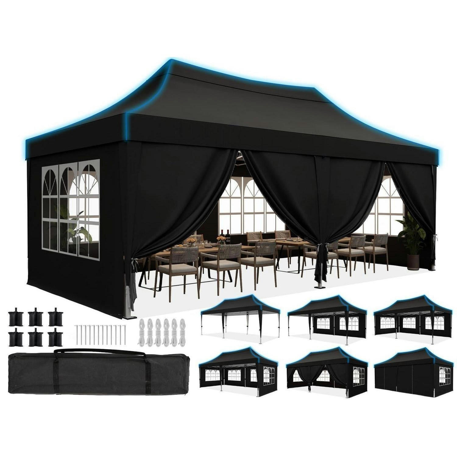 FALTPAVILLON 3x6m mit Seitenwänden wasserdicht UV-Schutz 50+ Stahlrahmen Schwarz - Schwarz, Metall (585/310/293cm)