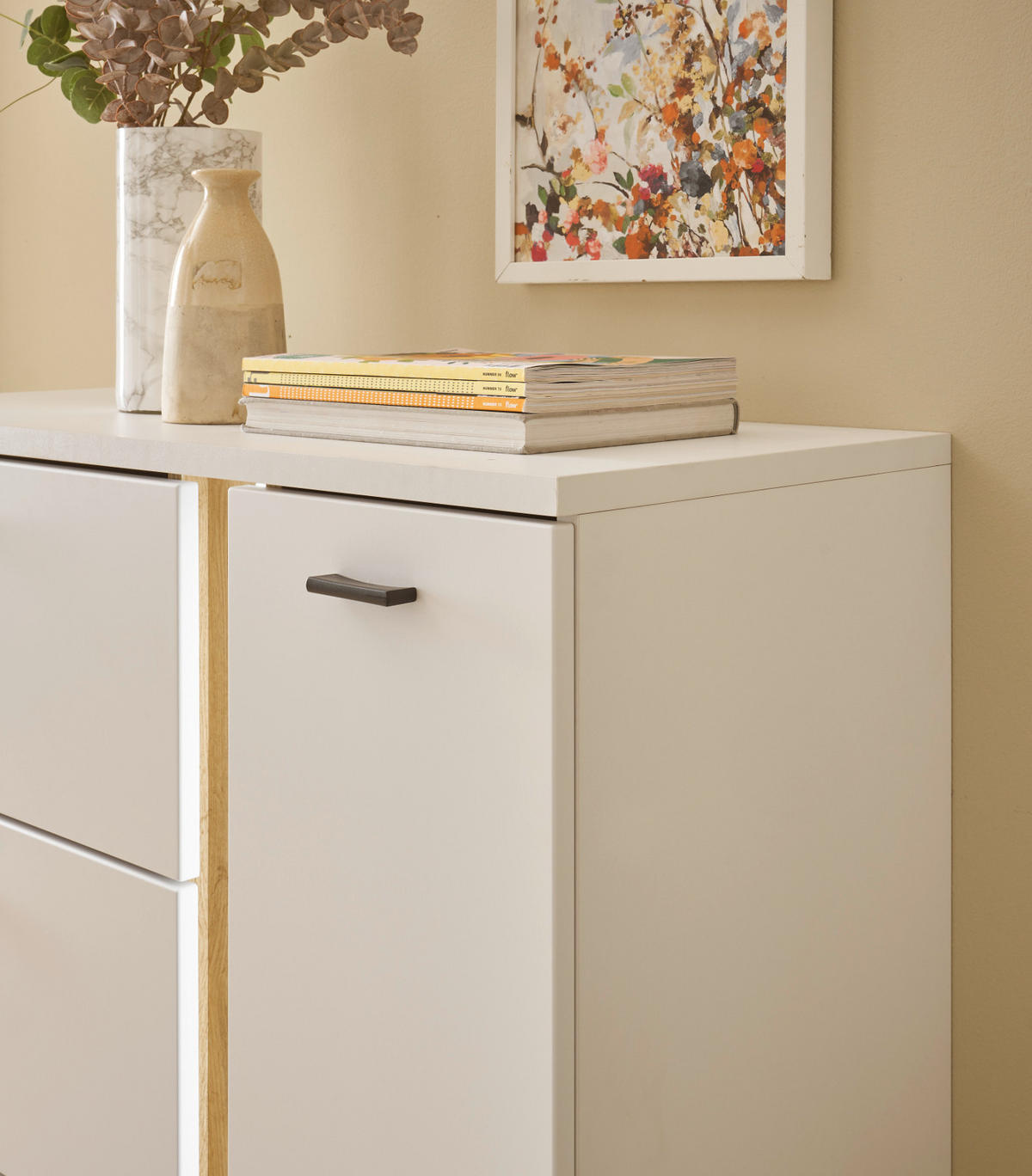 HIGHBOARD weiß matt, Eiche Wotan 100 x 125 cm, Kommode inklusive Frontbeleuchtung - Silberfarben/Eiche Wotan, Holzwerkstoff/Kunststoff (100/125/42cm) - Furn.Design