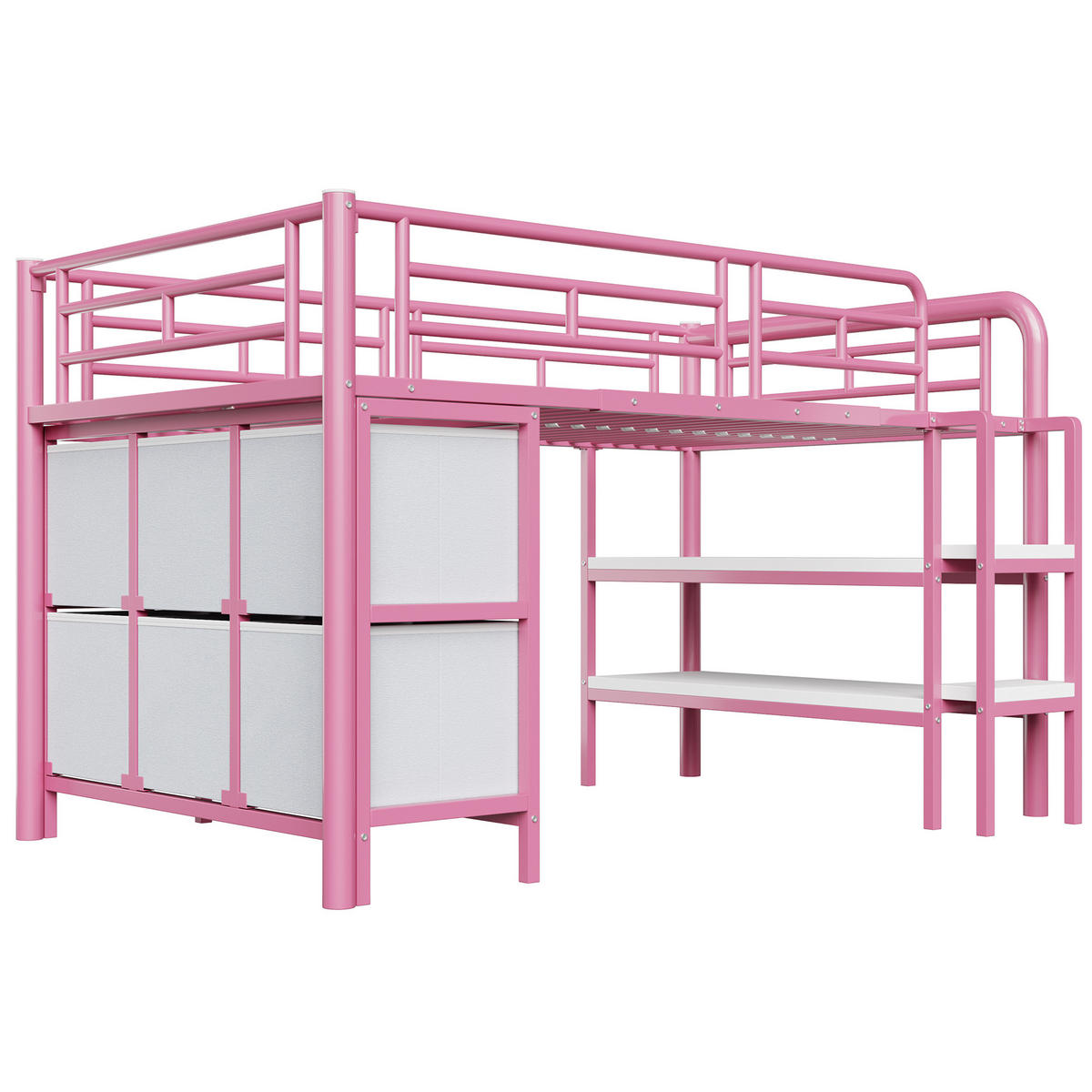 HOCHBETT 90/200 cm in Rosa mit Schubladen, Regalen und breiter Treppe - Rosa, Holzwerkstoff/Metall (90/200cm) - CHICFURN