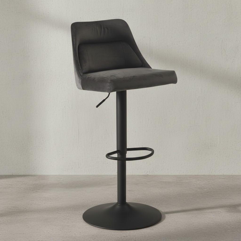 BARHOCKER Samt Lehne Höhenverstellbar Trompetenfuß Gepolstert, Grau 45x51x106 cm - Schwarz/Grau, Textil/Metall (45/106/51cm) - KADIMA DESIGN