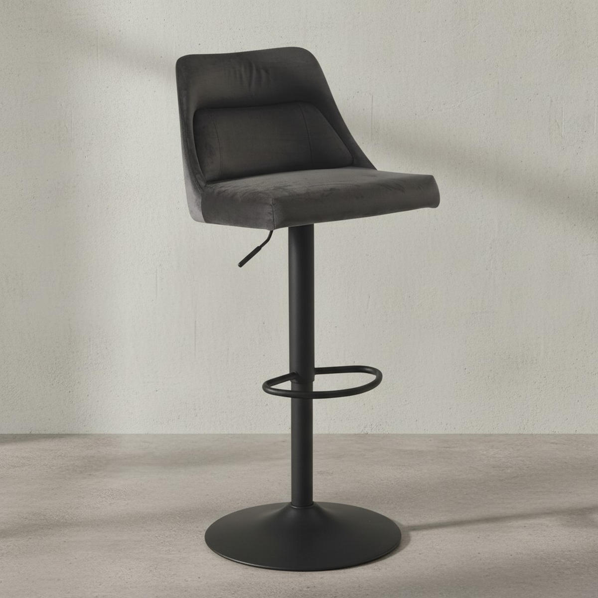 BARHOCKER Samt Lehne Höhenverstellbar Trompetenfuß Gepolstert, Grau 45x51x106 cm - Schwarz/Grau, Textil/Metall (45/106/51cm) - KADIMA DESIGN