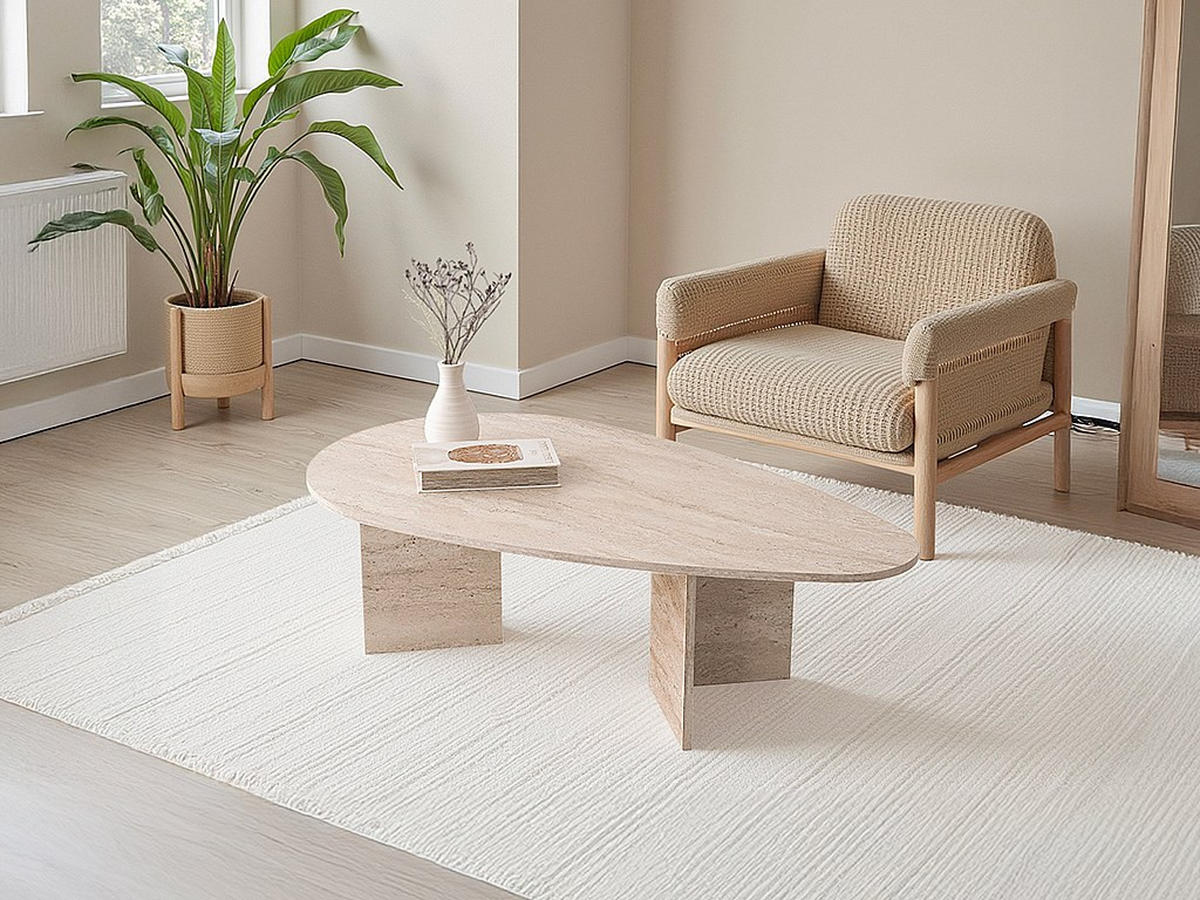 COUCHTISCH – Travertin-Optik Beige – LOMARETI - Beige, Holz (79.5/139.5/42cm) - Vente-Unique