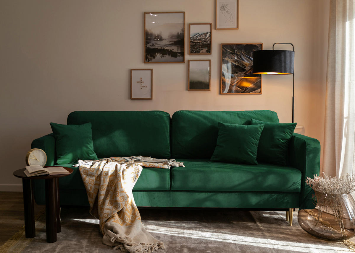 SCHLAFSOFA Valico Dunkelgrün hydrophober Samt - Dunkelgrün/Goldfarben, Textil/Metall (230/90/97cm) - Selsey