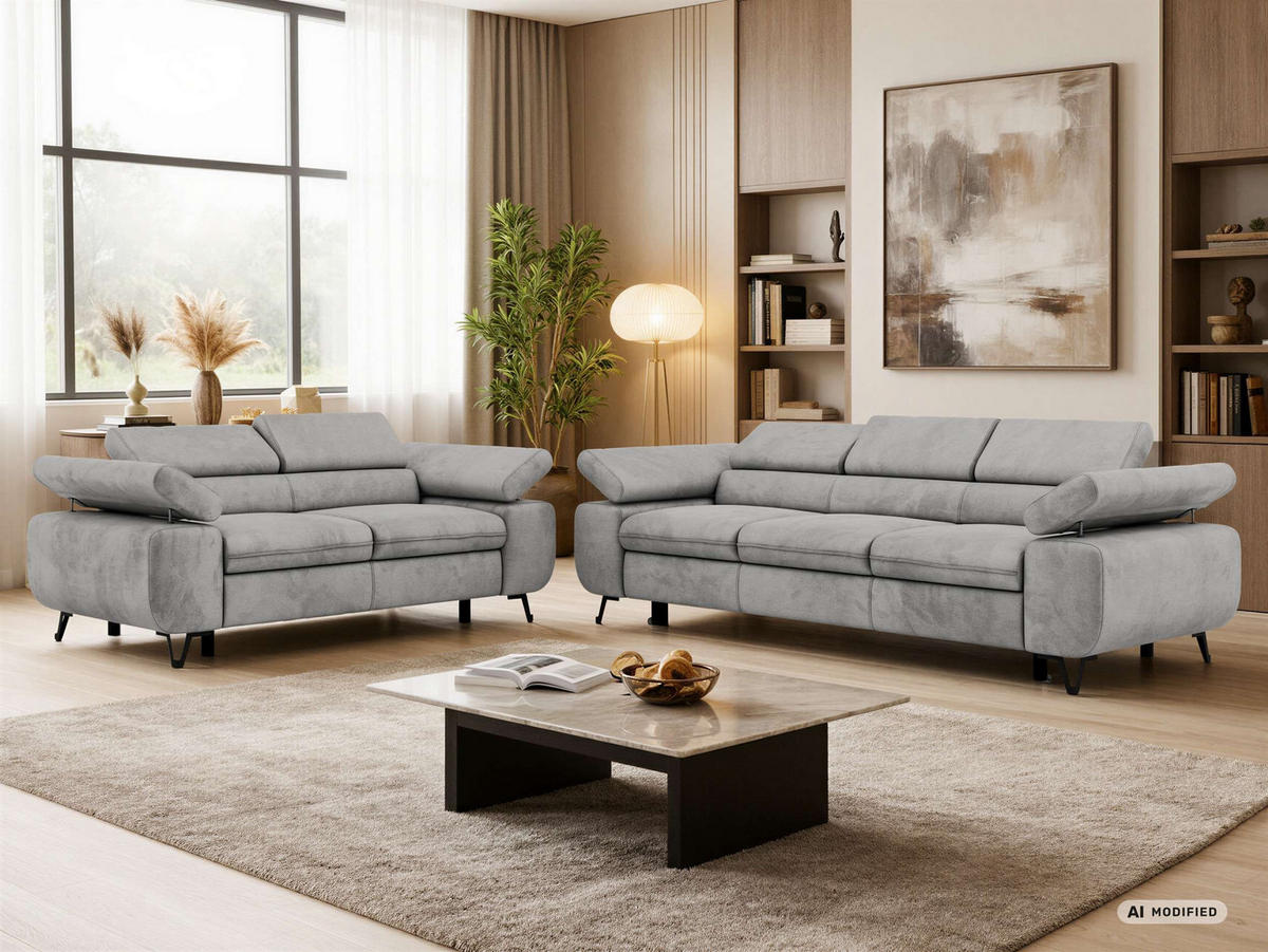 SEDACÍ SOUPRAVA PETERS 2+3 - Světle šedá Samet - černá/stříbrná, kov/textil (262/76/99cm) - MKS