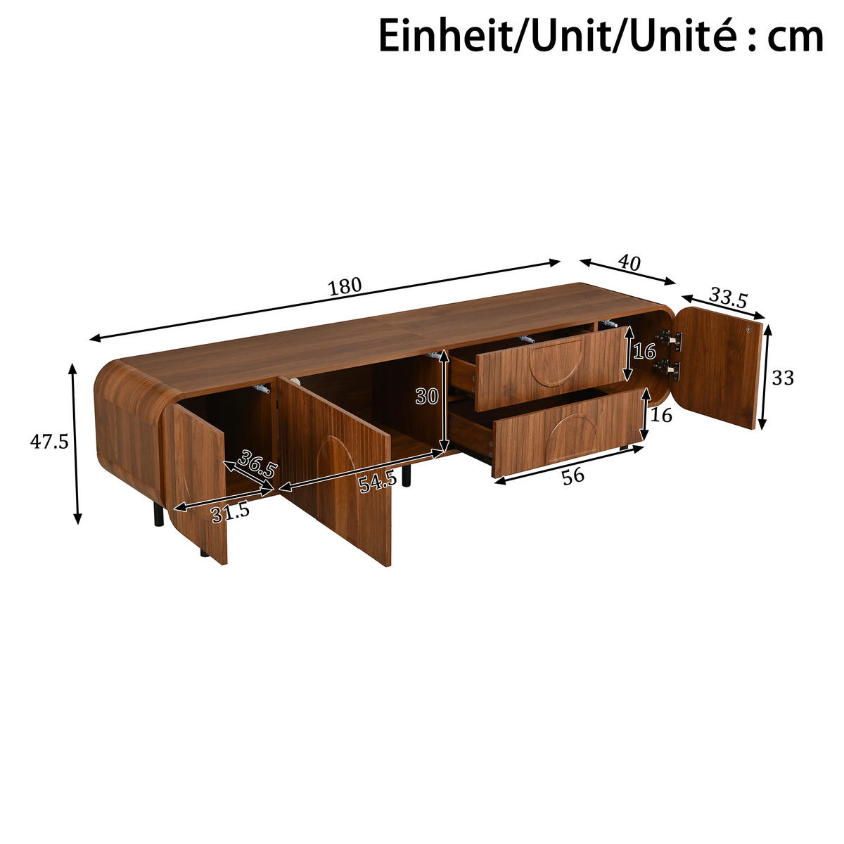 TV-SCHRANK Mid Century 3 Türen 2 Schubladen Metallbeine - Walnussfarben, Holzwerkstoff (40/47.5/180cm) - FLIEKS