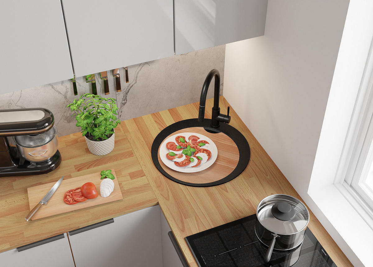 GRANITSPÜLE Pisa, 2-er set Schwarz 50/50 cm 1 Becken + Küchenarmatur 40/20 cm + Ablauf-Set + Schneidebrett ab 45er Unterschrank - Chromfarben/Beige, Kunststoff (50/20/50cm) - Primagran