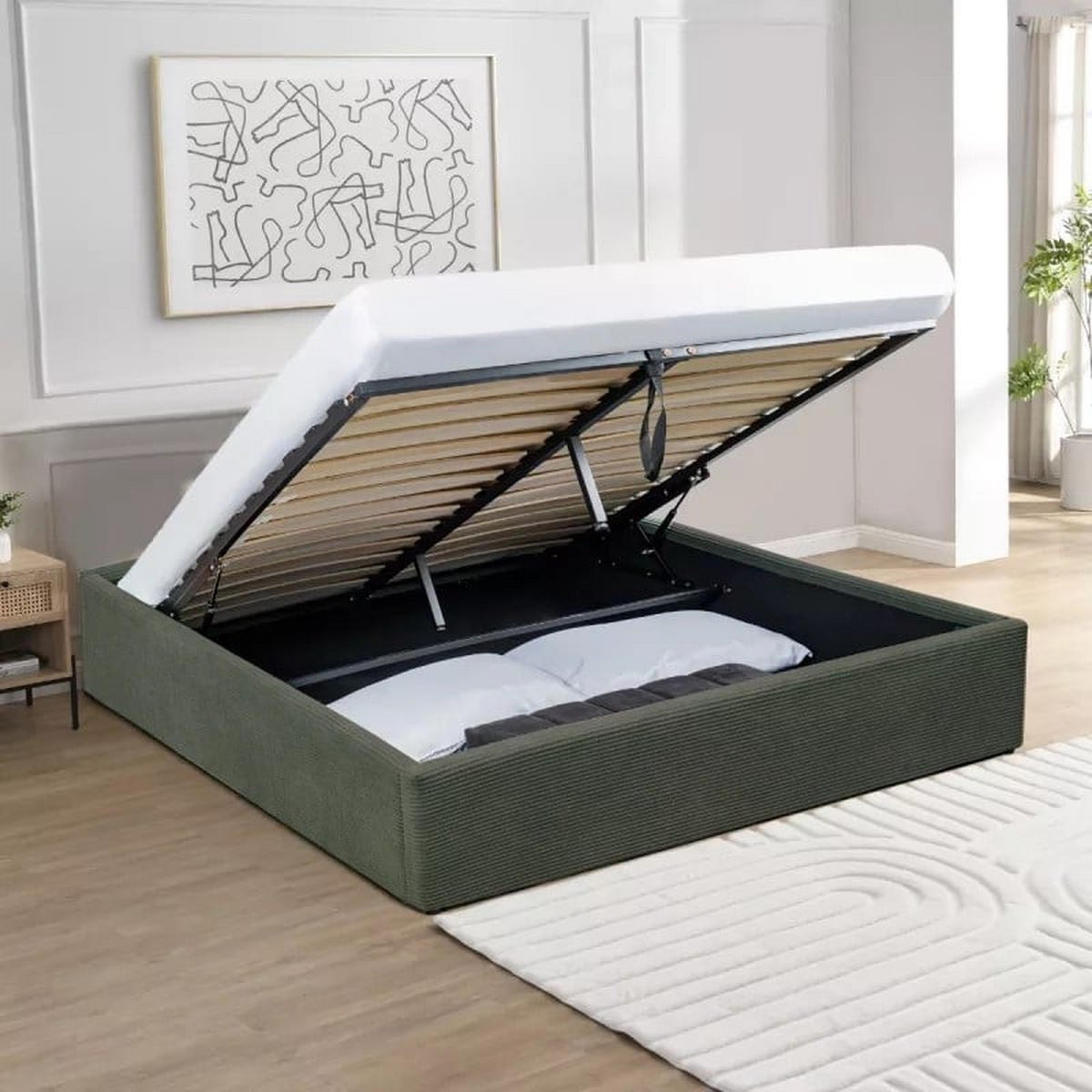 BETT mit Bettkasten 160 x 200 cm aus Kordvelours, Khaki 171/36,50/215 cm - Grün, Holz (200/160cm) - Calicosy