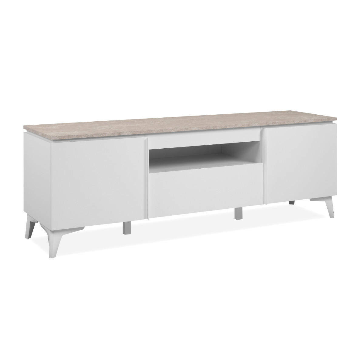 TV-MÖBEL mit 2 Türen 1 Schublade und 1 offenem Fach Dekor Travertin und Weiß 150/40/51 cm - Weiß, Holzwerkstoff (40/51/150cm) - Calicosy