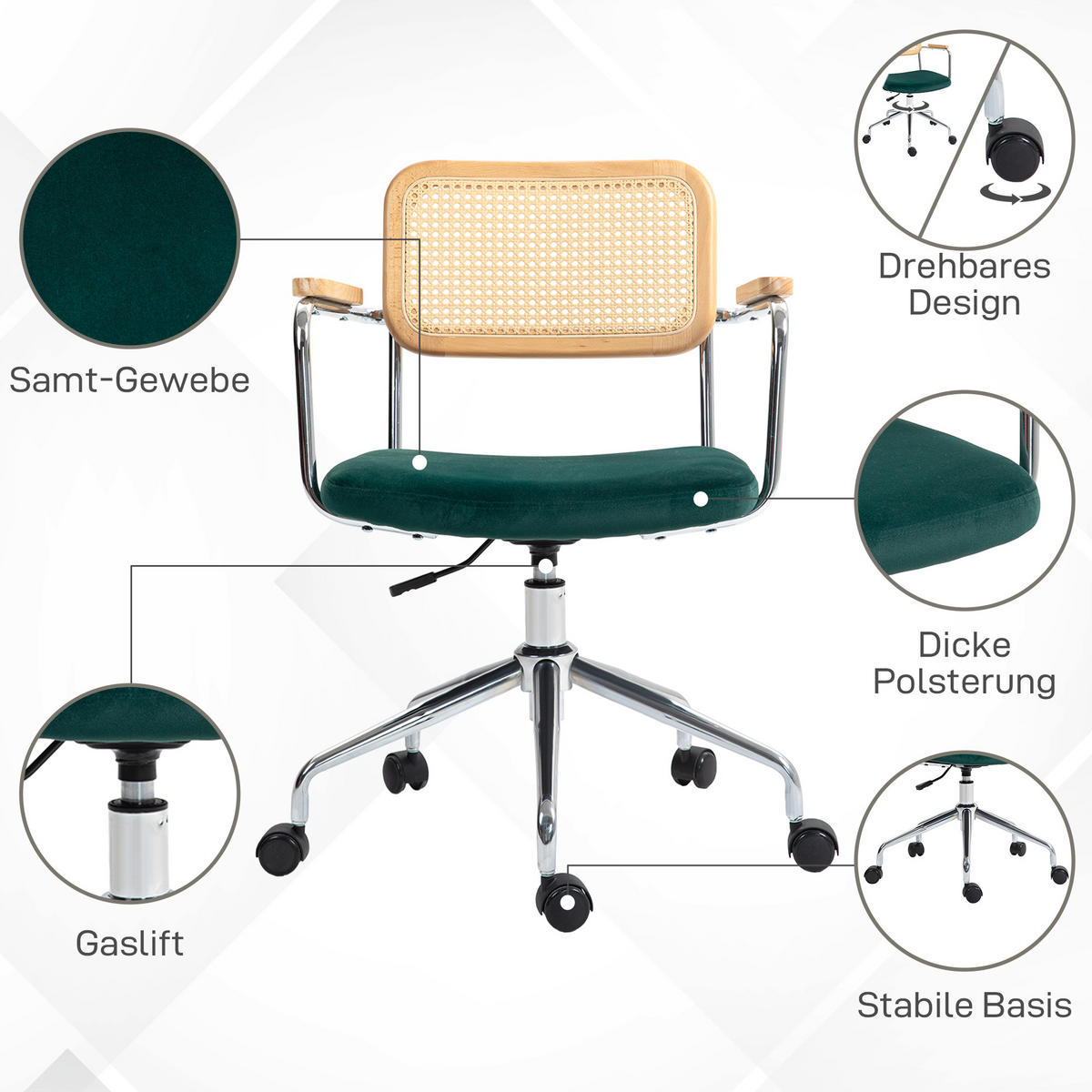 BÜROSTUHL, Schreibtischstuhl mit Rattanoptik, Wippfunktion für Home Office, Grün - Grün, Kunststoff (57/94/60cm) - HOMCOM