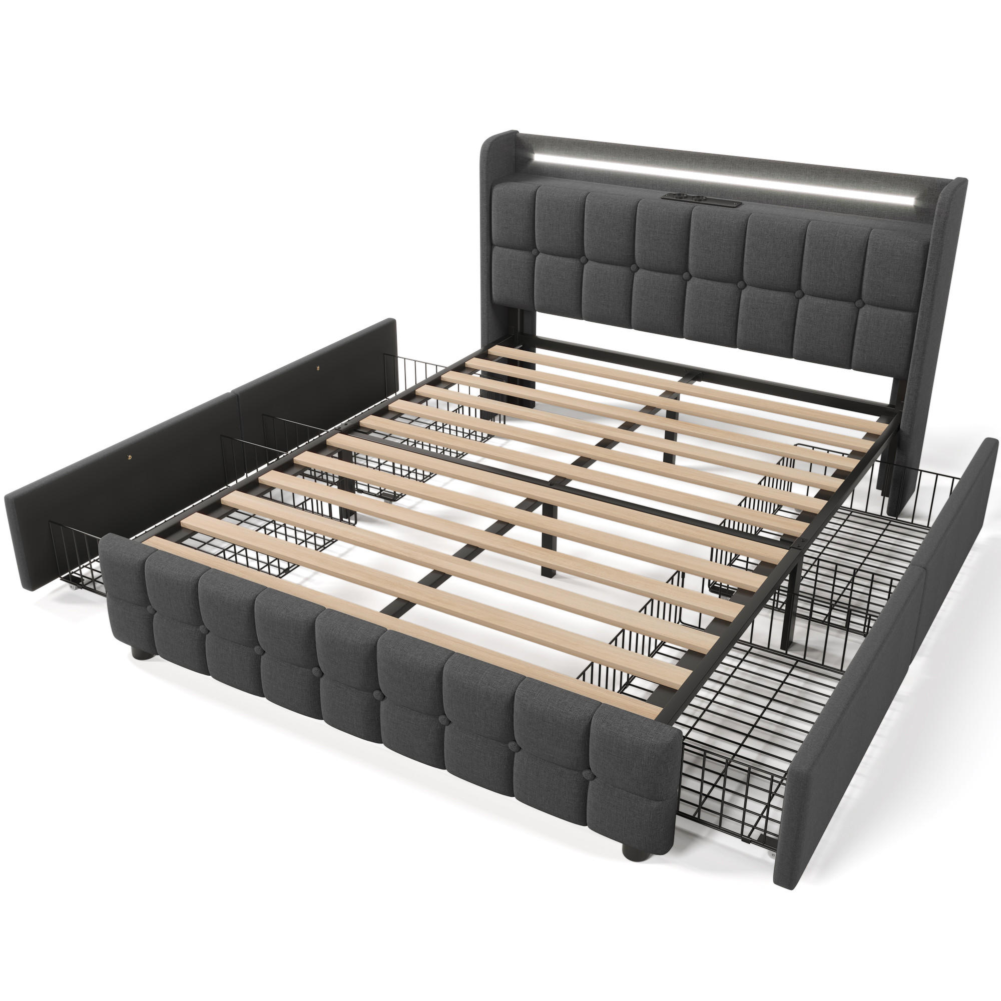 STAURAUMBETT 180/200 cm DE-00233, in Beige, LED und 4 Schubladen - Grau, Holz (180/200cm) - ComfortXL