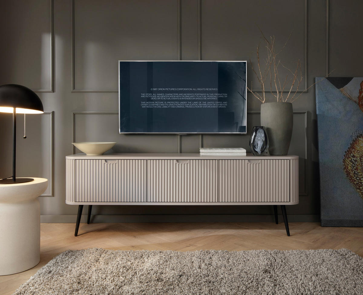 TV-SCHRANK "NOVA" Kaschmir 154x39x56cm Geriffelt Regal, 2-Türen, Schublade, Schwarze Beine - Kaschmir/Creme, Holzwerkstoff/Kunststoff (168/56/39cm) - DomoHome