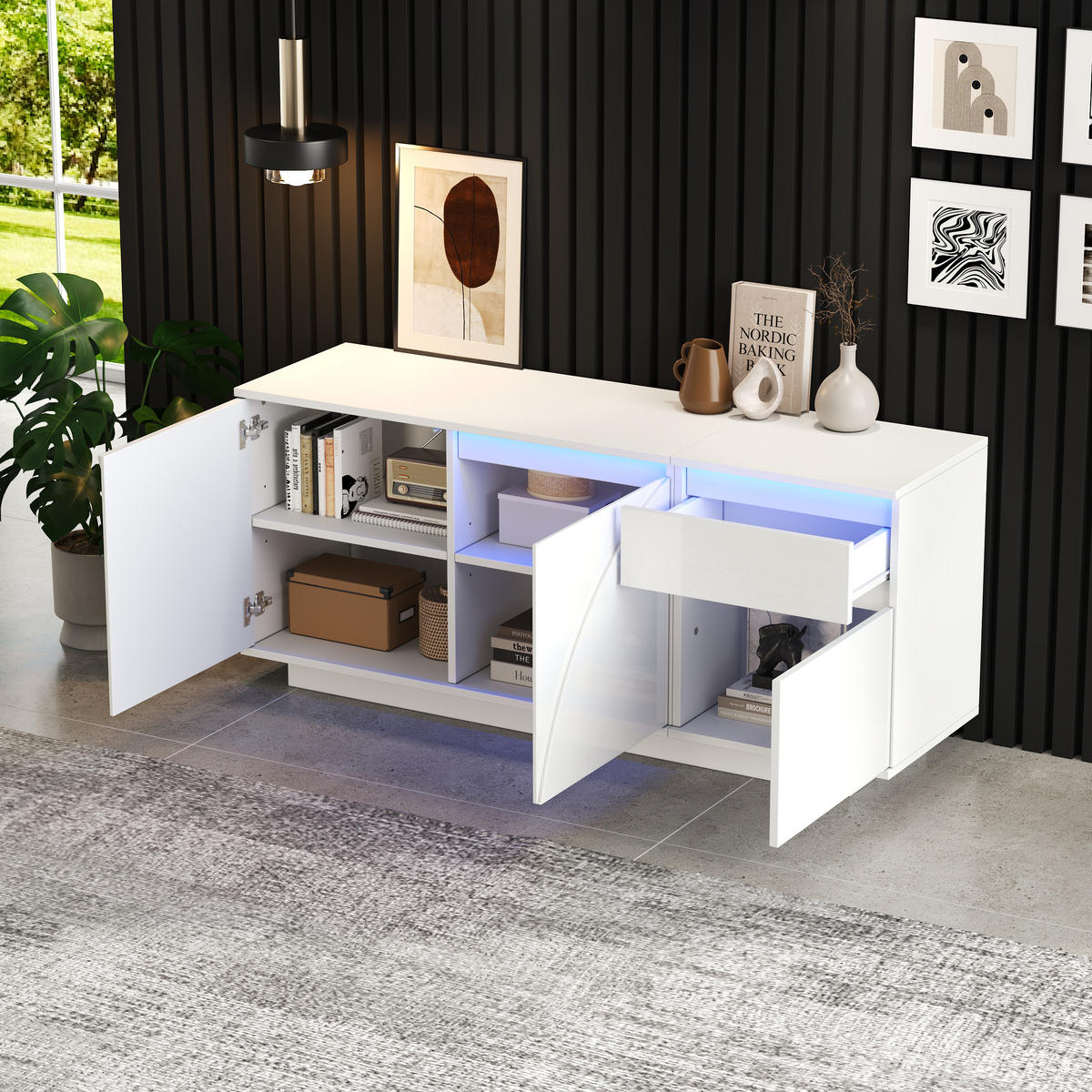 SIDEBOARD Weiß, 140/40/60 cm, aus MDF, mit LED-Beleuchtung und Schublade - Weiß, Holzwerkstoff (140/60/40cm) - CHICFURN