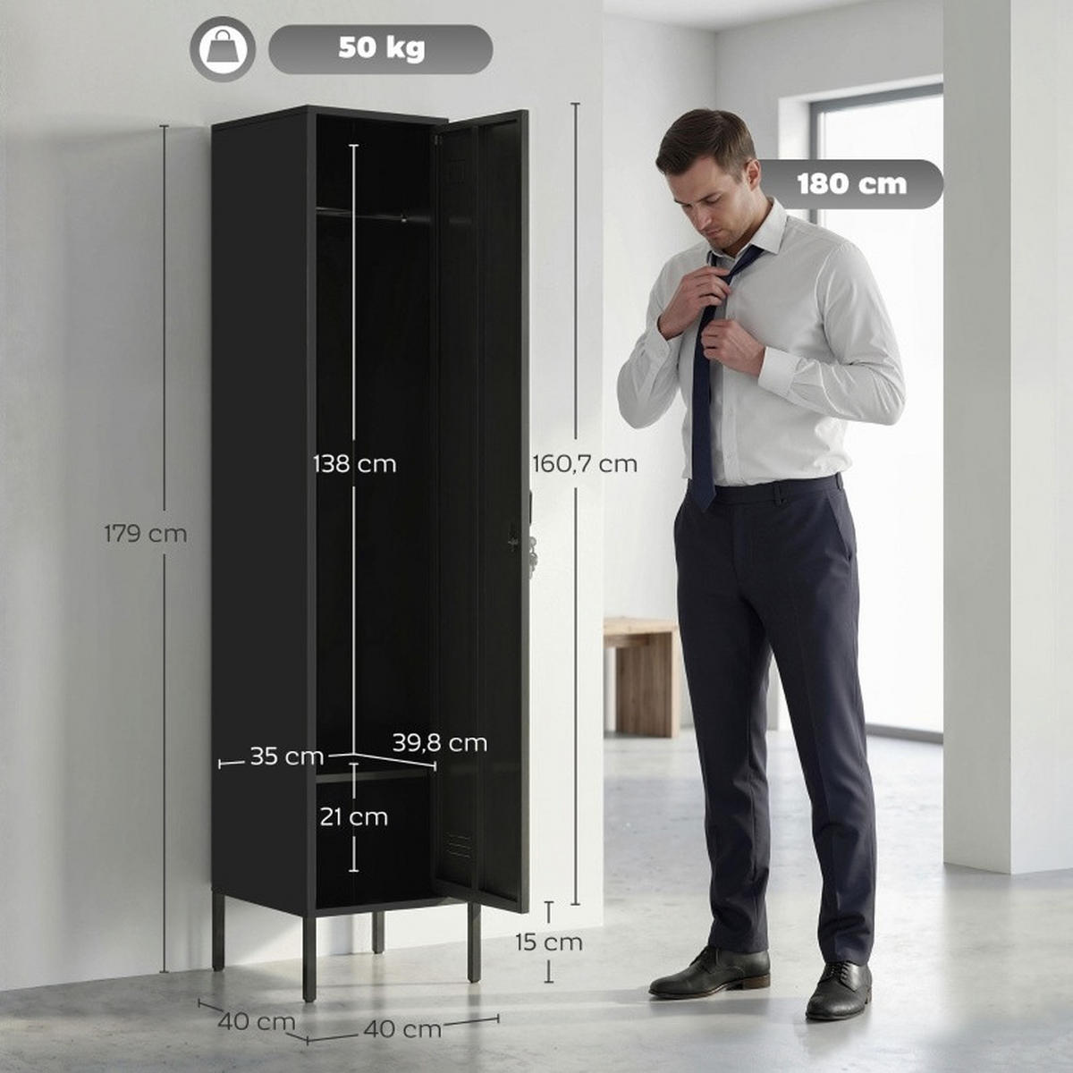 MEHRZWECKSCHRANK 40/40/179 cm mit abschließbarer Tür, Kleiderstange und Fachboden, Stahl, Schwarz - Schwarz, Metall (40/179/40cm) - Redom