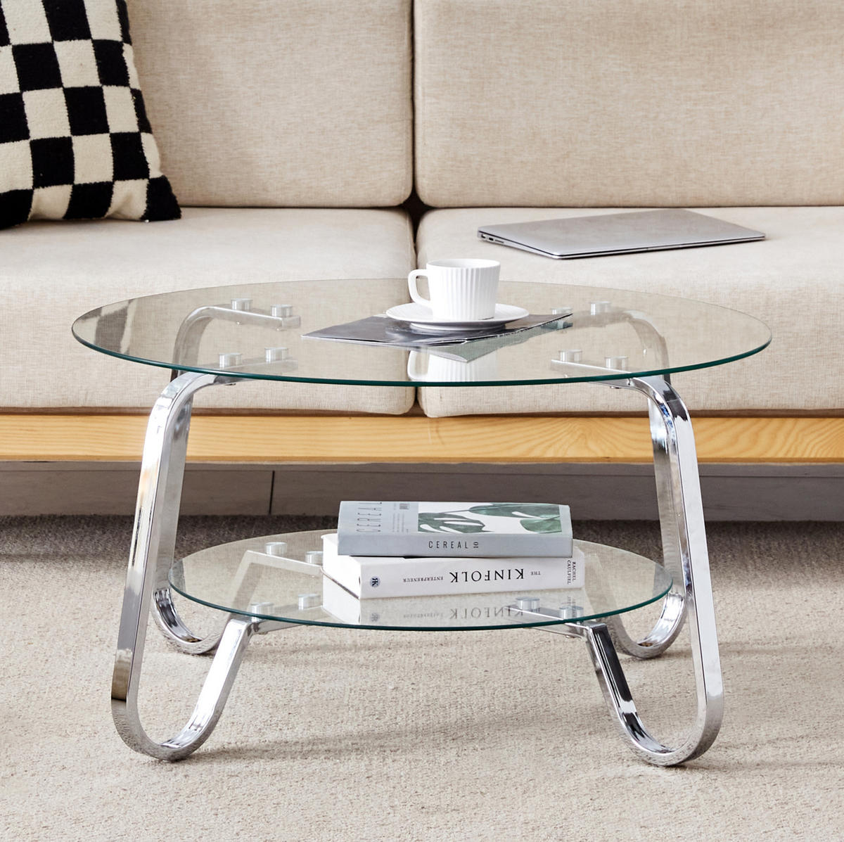 COUCHTISCH 2-stufig rund Metall Silber mit Glas - Grau, Metall (80/80/45cm) - Meubliv