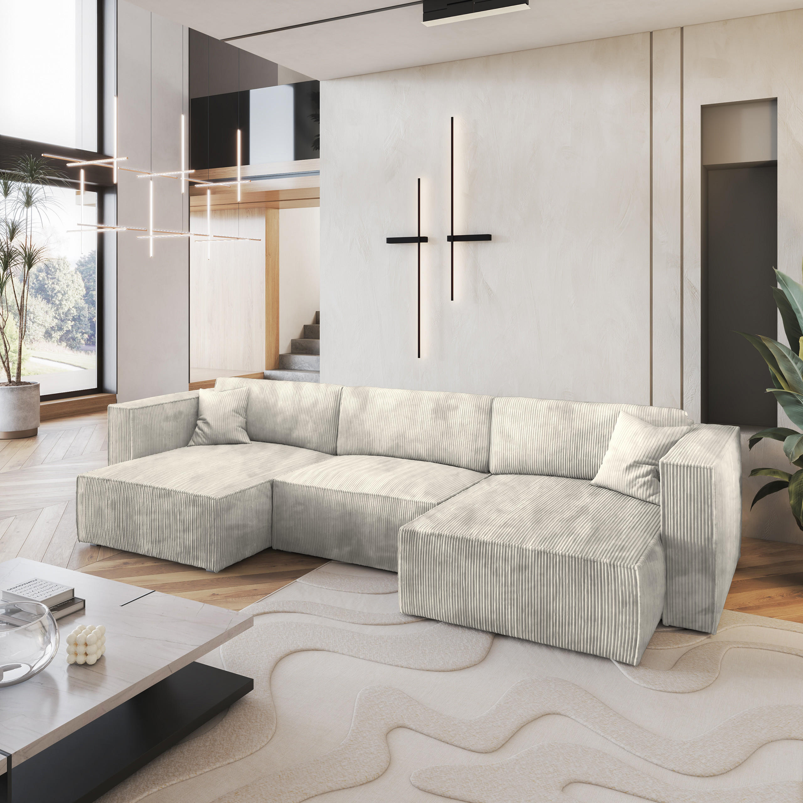 WOHNLANDSCHAFT SARMO P Creme Kordstoff mit Schlaffunktion - Creme, Holz (347/70/148cm) - MASSENO