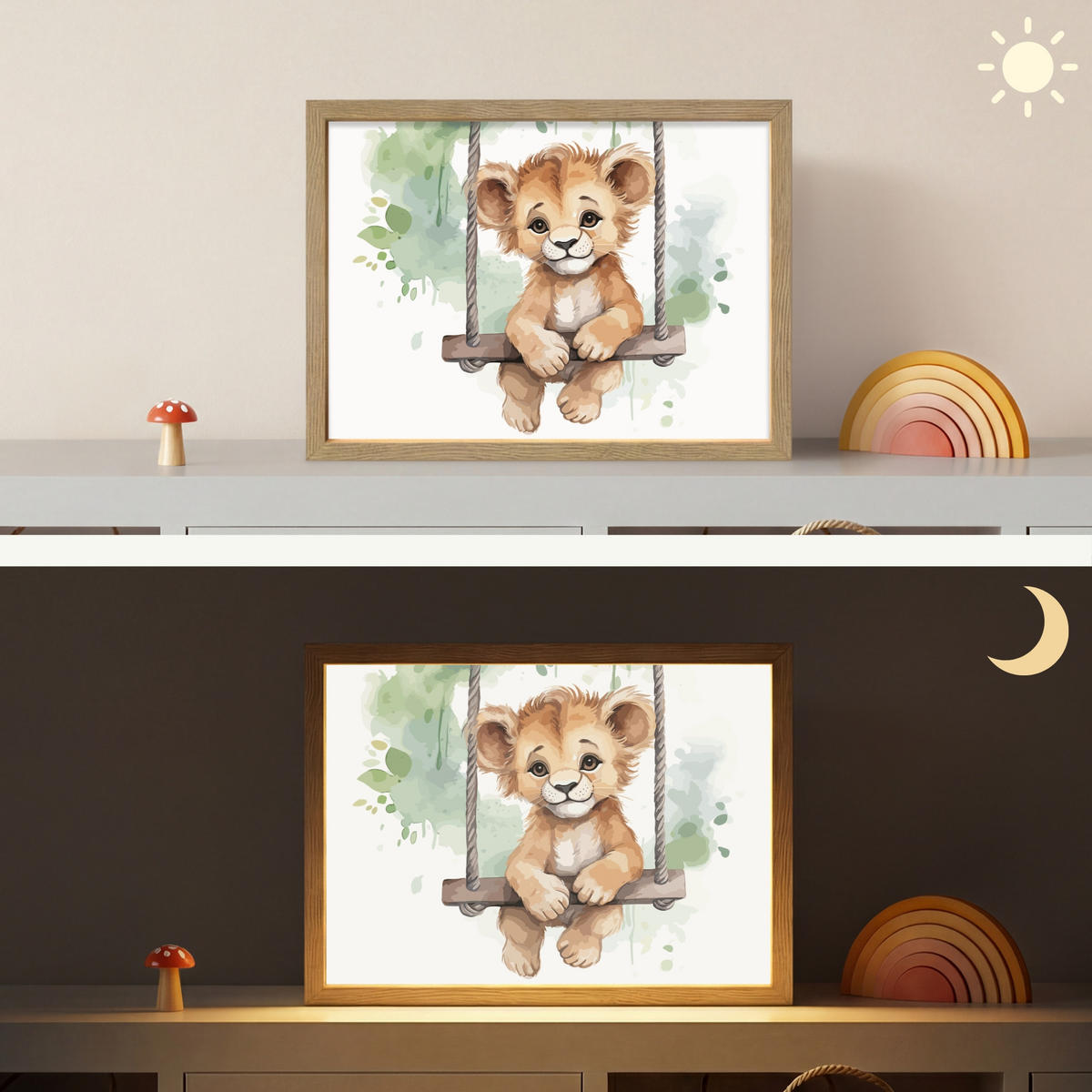 WANDLEUCHTE MIT AKKU Löwe - Tier - Kinder - Dschungel 40x30 cm - Weiß, Holzwerkstoff (40/30/8cm) - OnlyWow