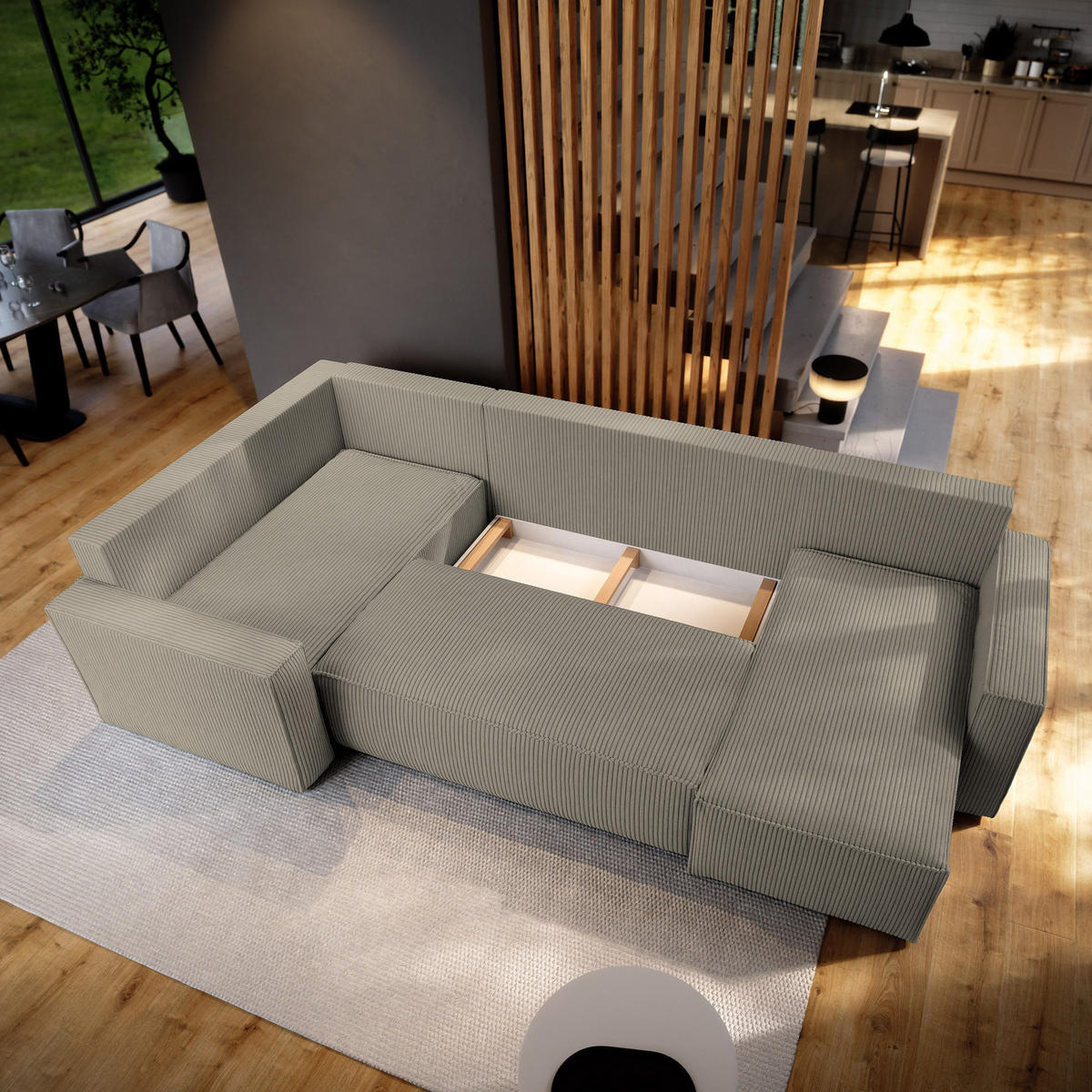 WOHNLANDSCHAFT NORENA L-S Beige Kordstoff mit Schlaffunktion - Beige, Holz (295/85/157.5cm) - MASSENO