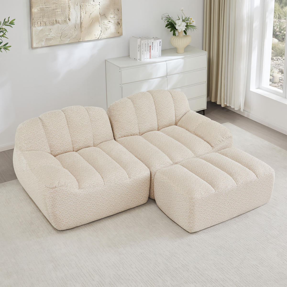 ECKSOFA 2-Sitzer Granulierter Fleece Beige & Weiß mit Ottomane - Beige, Textil (210/165cm) - WISHDOR