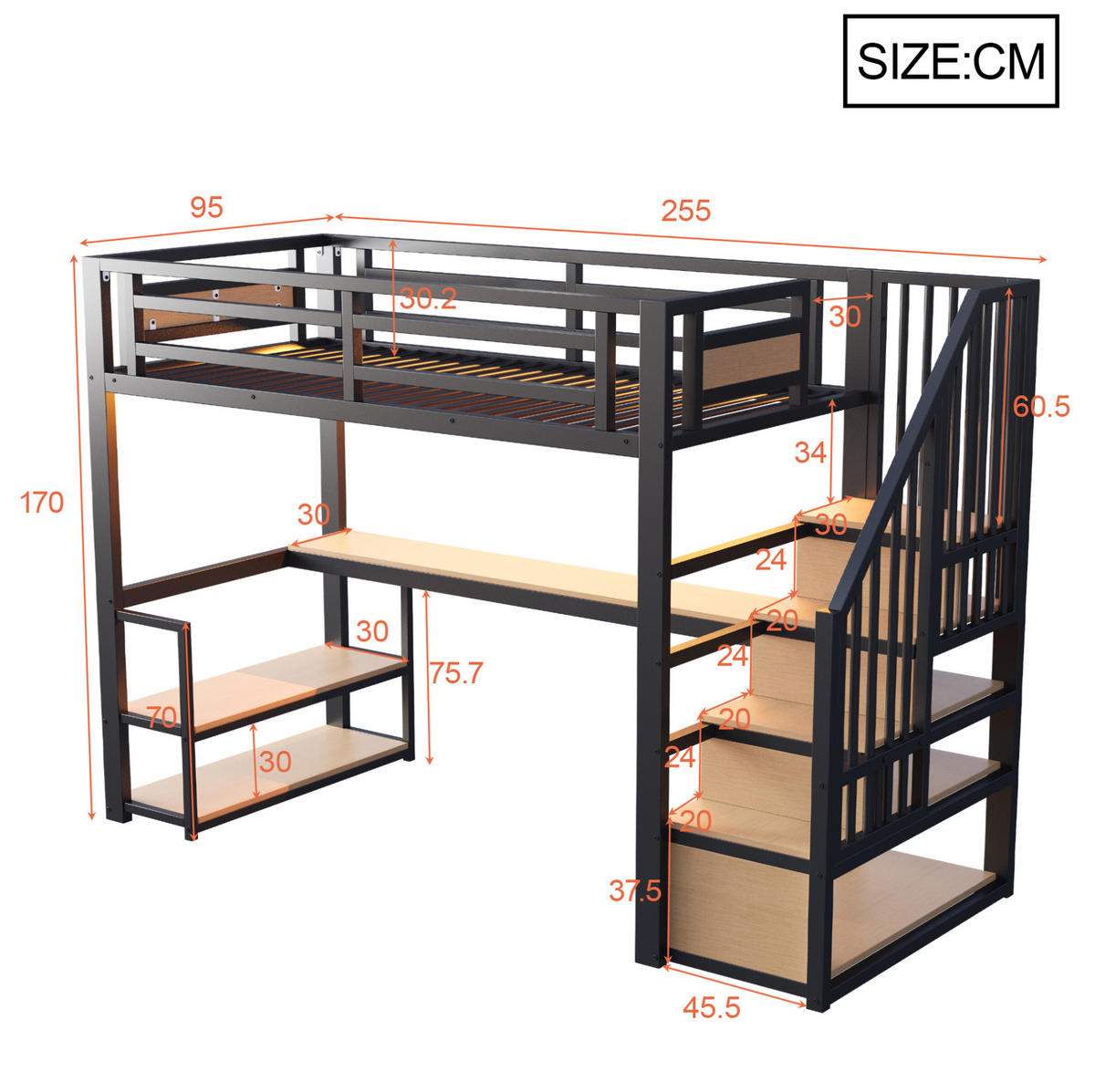 VYSOKÁ posteľ 90/200 cm čierna s úložnými schodíkmi, policami a stolom z kovu a MDF - čierna, kov (90/200cm) - OKWISH