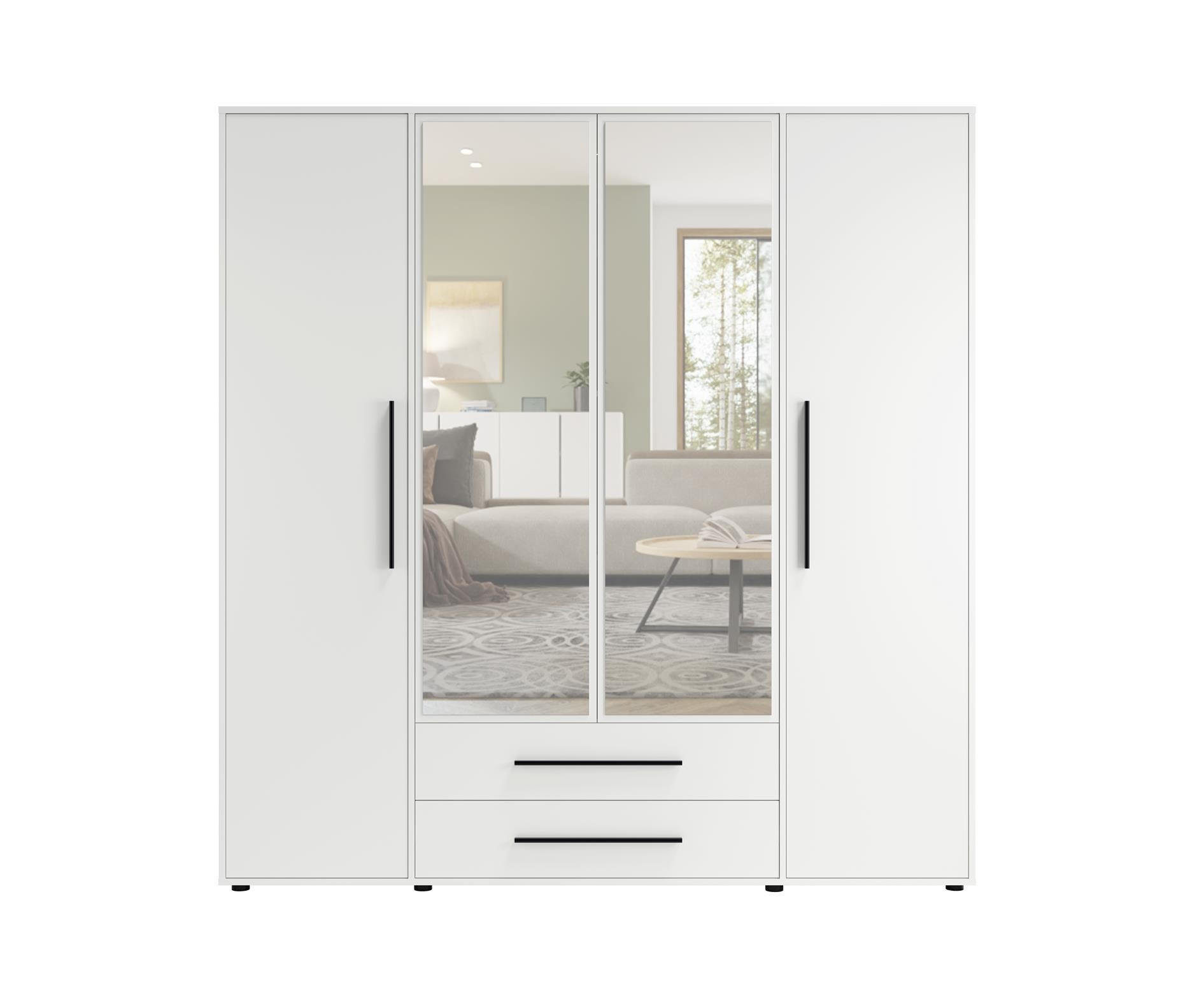 KLEIDERSCHRANK Maxivo Weiß, viertüriger Kippschrank mit Schubladen und Spiegel, Erweiterung - Schwarz/Weiß, Holzwerkstoff (198/248/59cm) - Bettso