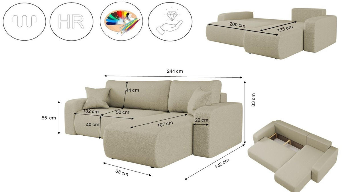 ECKSOFA L-FORM Schlaffunktion Und Bettkasten Eckcouch MILANO L Stoff Quelle Beige Rechts - Beige, Holz/Textil (244/142cm) - Kaiser Möbel