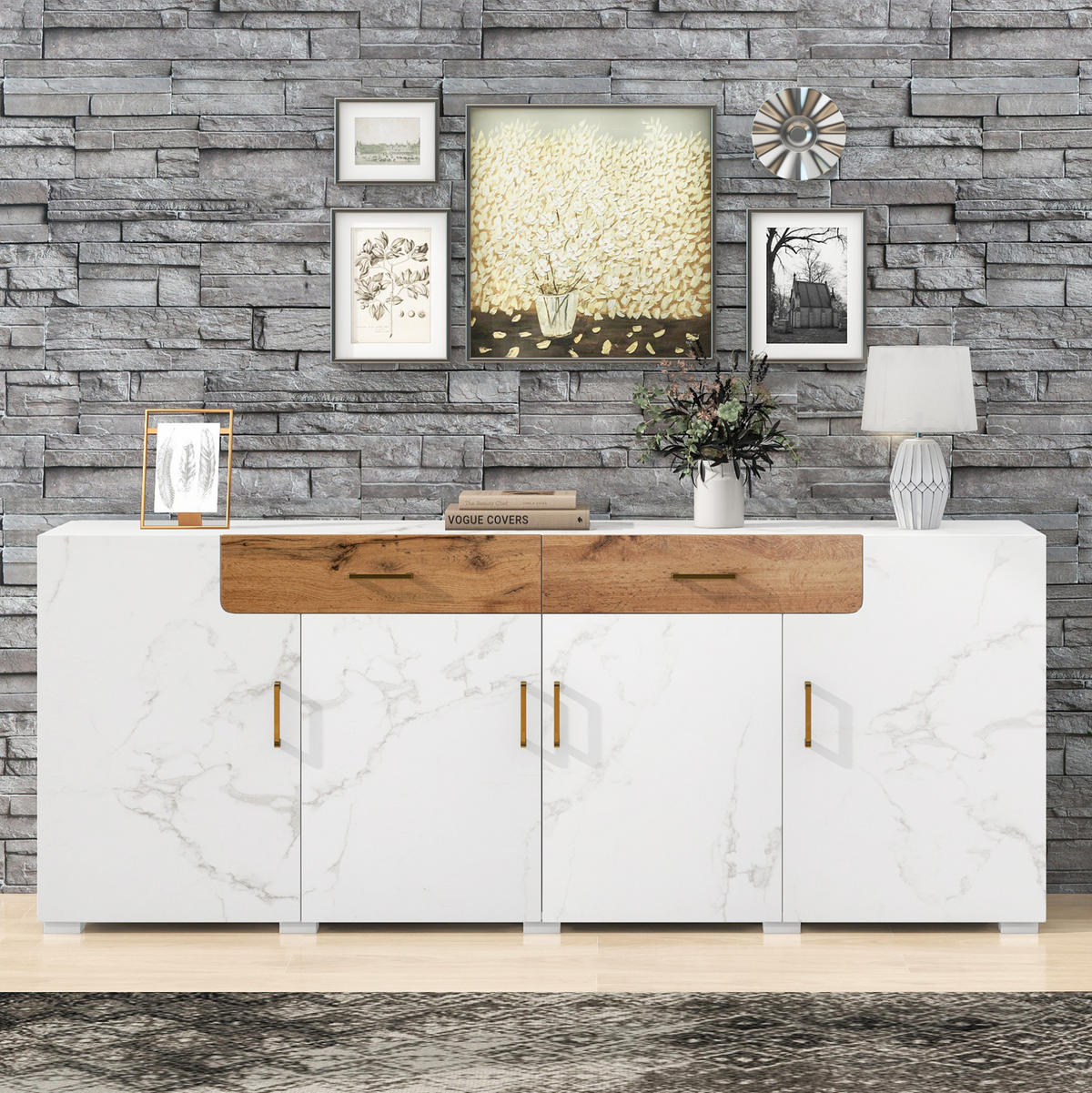 SIDEBOARD 208/39.5/80 cm Weiß aus Holzwerkstoff mit 4 Türen und 2 Schubkästen - Weiß, Holzwerkstoff (39.5/80/208cm) - OKMYHOME