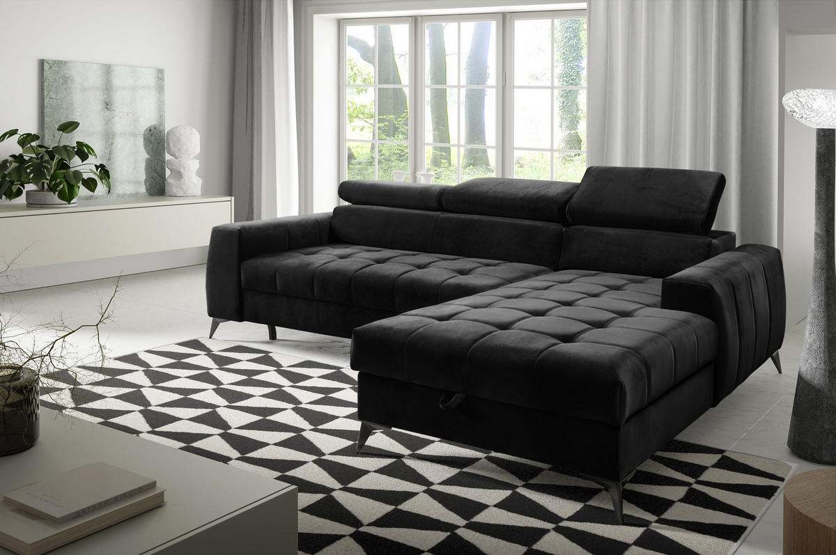 ECKSOFA L Form Arkucio Mini Schwarz 260/200/95 cm Rechts mit Schlaffunktion - Schwarz, Textil/Metall (260/200cm) - AX Living