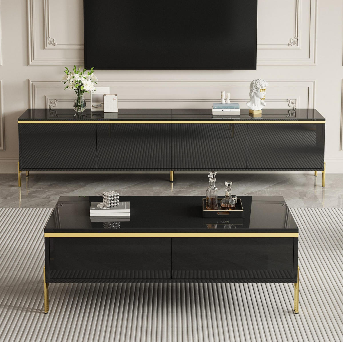 TV-MÖBEL- und Couchtisch-Set 170/38/50 + 100/50/36 cm aus Holzwerkstoff mit Stauraum und Schubladen, hochglänzend, Schwarz - Schwarz, Holzwerkstoff (170/50/38cm) - Redom