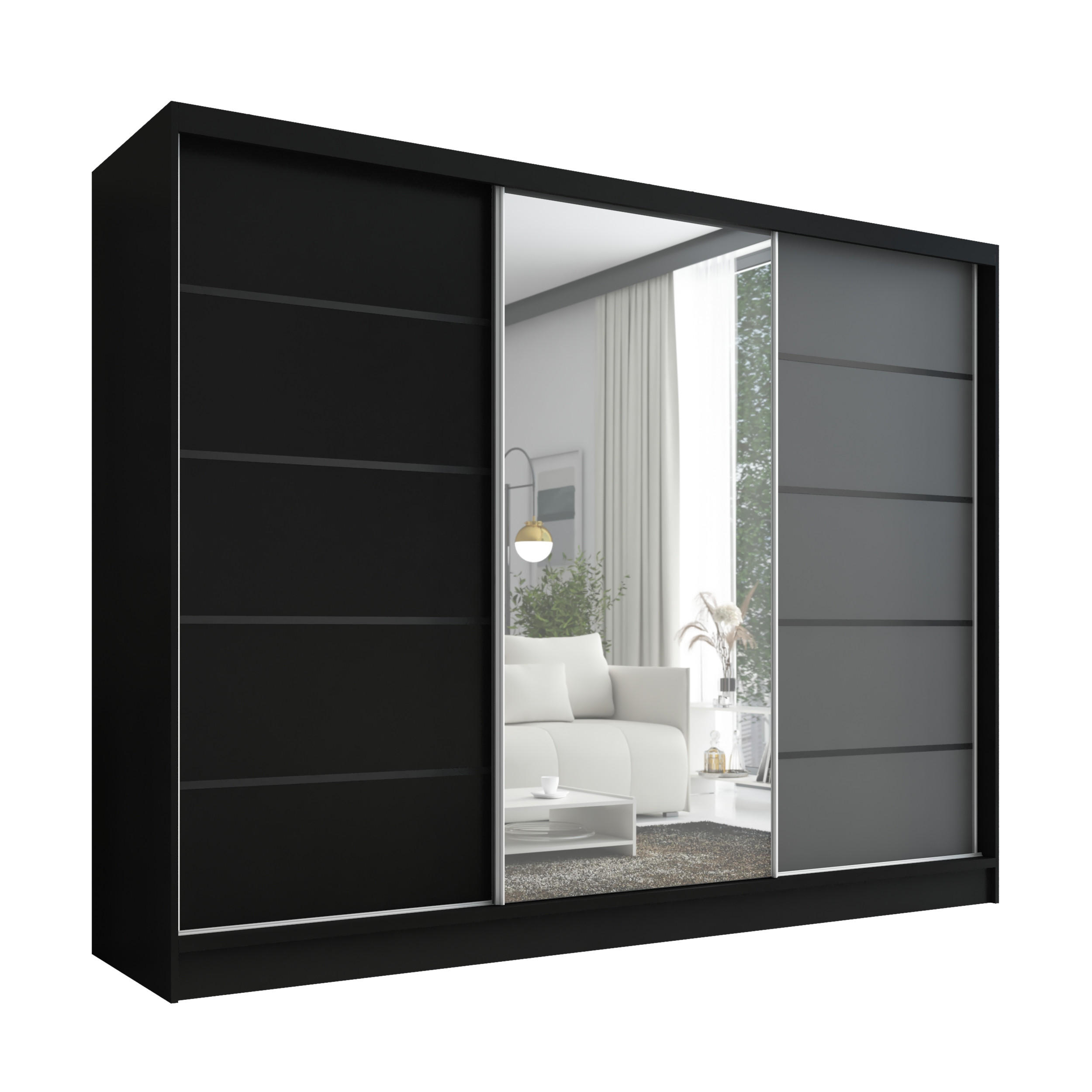 A&J MöbelLand Schwebetürenschrank Schwarz, Schwarz, Graphit 200x215x60 cm