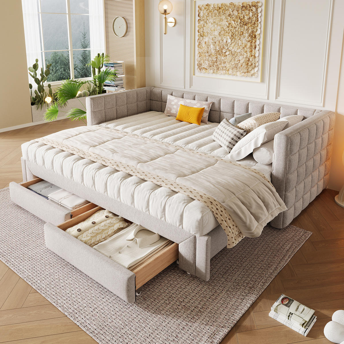 DENNÁ posteľ 90/200 cm béžová zo zamatu s výsuvným lôžkom a 2 zásuvkami - béžová, textil (90/200cm) - OKWISH