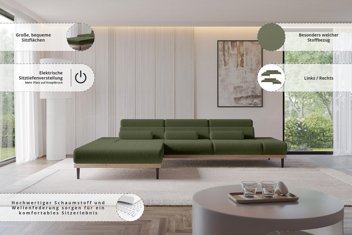 ELEKTRISCHES ECKSOFA Links MONA 316x205x85 Grün Bouclé - Olivgrün/Grün, Holzwerkstoff/Textil (316/205cm) - ALTDECOR
