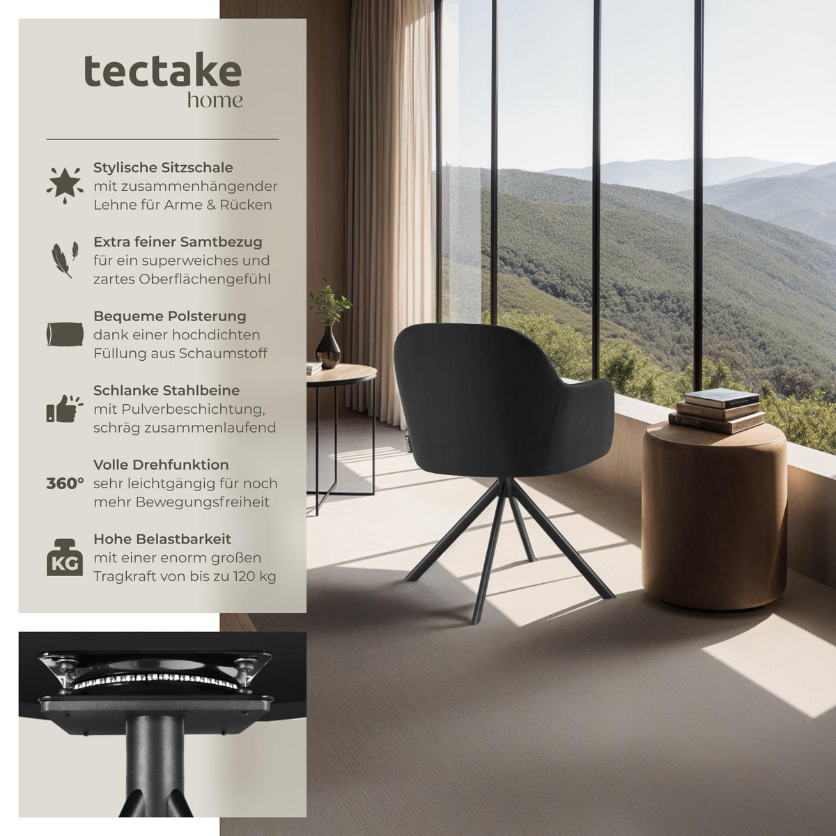 DREHSTUHL 4er Set Lona 56 x 59 x 81 cm schwarz/schwarz - Schwarz, Textil (56/81/59cm) - tectake