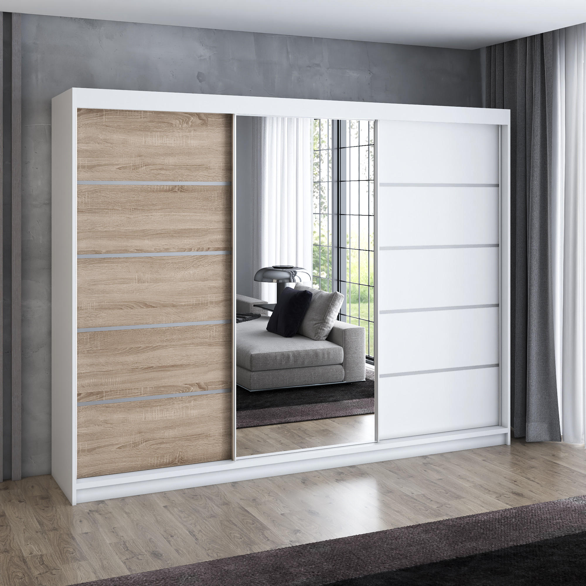 SCHWEBETÜRENSCHRANK 200 cm VILANO 1 Farbe: Weiß, Sonoma, Weiß - Hellbraun/Weiß, Holzwerkstoff (200/215/59.5cm) - A&J MöbelLand
