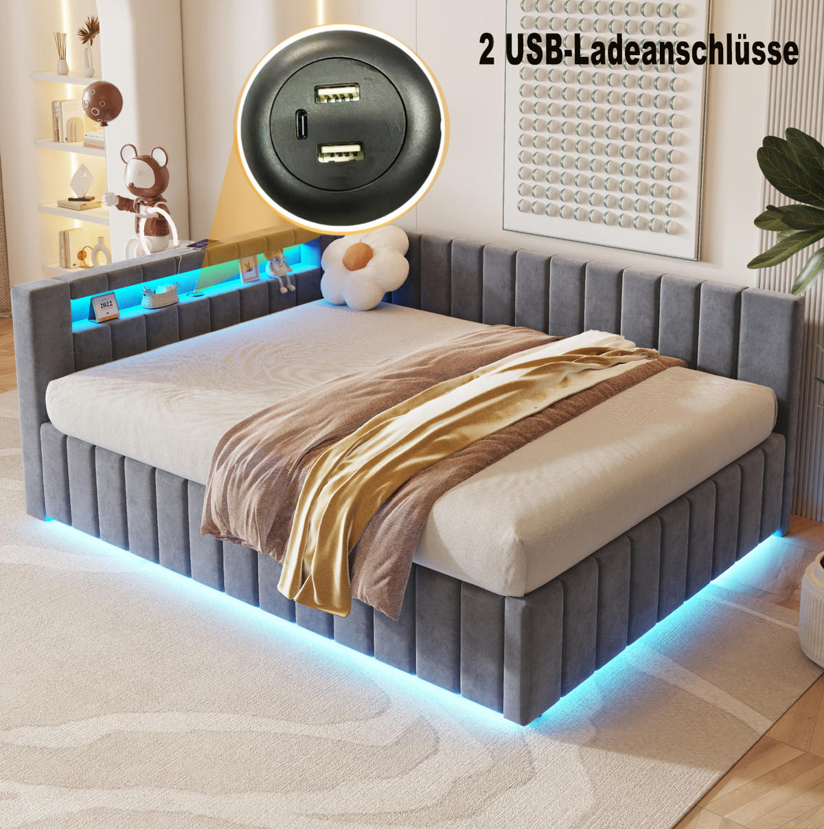 POLSTERBETT 140/200 cm aus Samt mit LED, USB und hydraulischem Stauraum Grau - Grau, Textil (140/200cm) - Modenvie