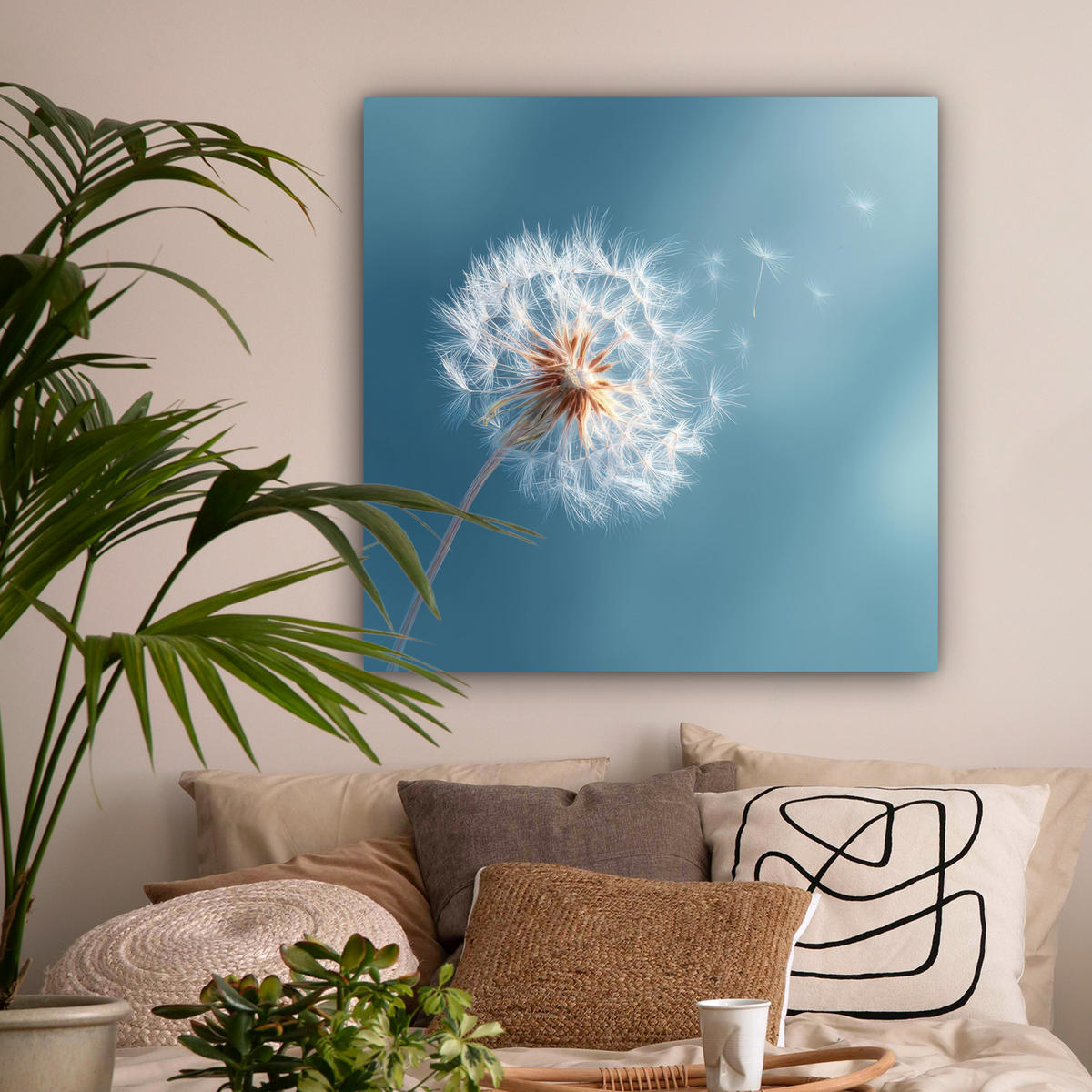 LEINWANDBILD Löwenzahn - Wind - Blau Deko Groß 90x90 cm - Blaugrau, Textil (90/90cm) - MuchoWow