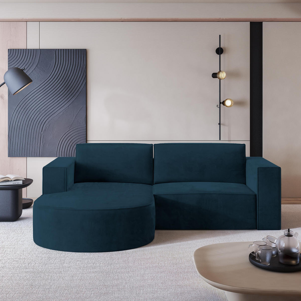 ECKSOFA SORELA M L-S Blau Velours-Stoff mit Schlaffunktion - Blau, Holz (263/174cm) - MASSENO