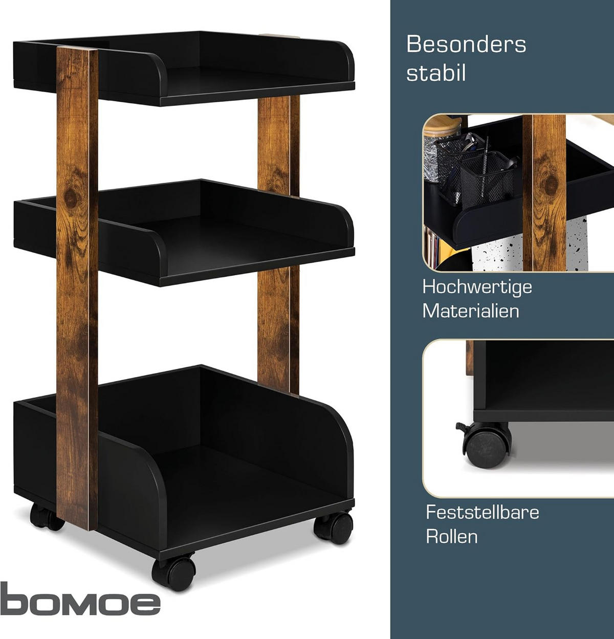 ROLLWAGEN Bosse Schwarz-Braun - Wildeiche/Schwarz Hochglanz, Holz/Holzwerkstoff (32/69/35cm) - BoMoe