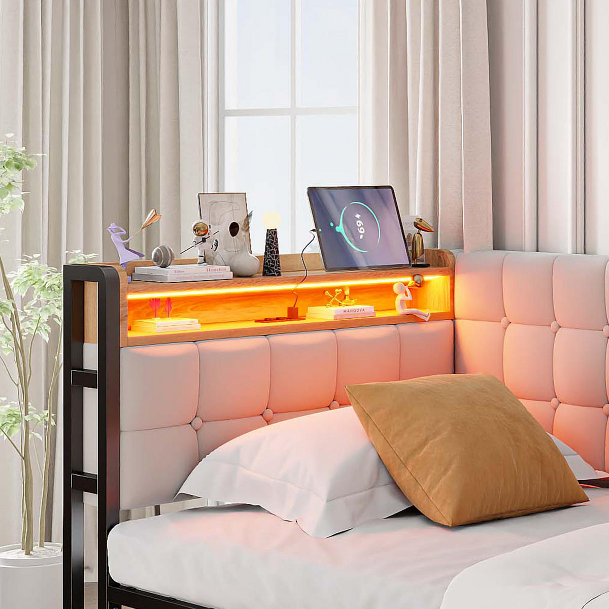 SCHLAFSOFA 90/200 cm in Beige Stoff mit 2 Schubladen, LED, USB und Type-C - Beige, Holzwerkstoff/Textil (90/200cm) - WISHDOR