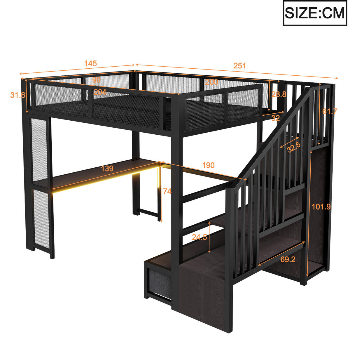 HOCHBETT MDF Metall 140x200 cm Schwarz mit Treppe, Schreibtisch, LED, USB und Stauraum - Schwarz, Holzwerkstoff (140/200cm) - Modfu