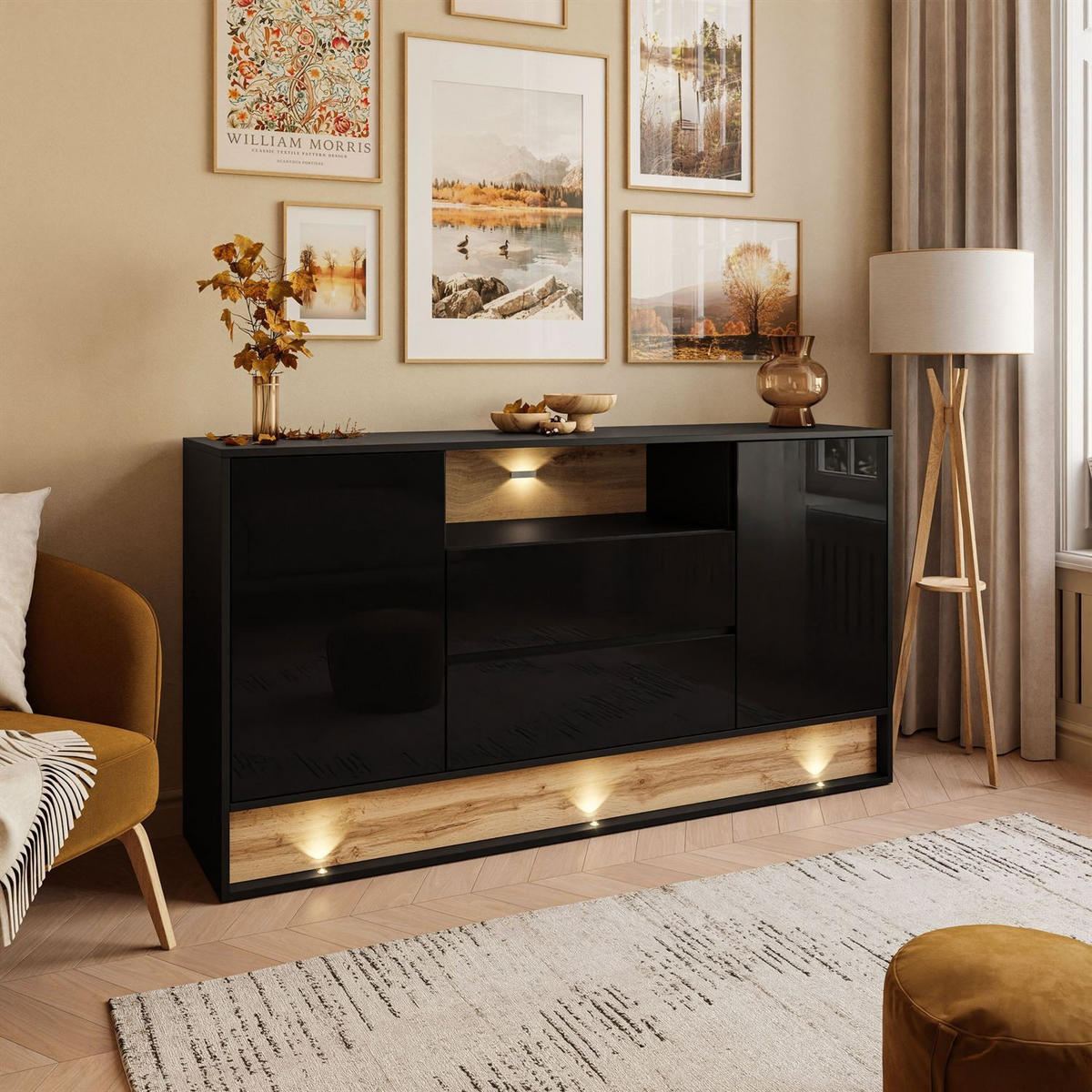 KOMMODE VILLA mit Wotan Eicheneinsatz - Eiche Wotan/Schwarz, Holzwerkstoff (160/85/40cm) - Lookway