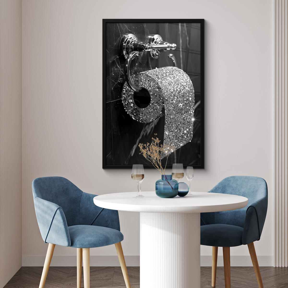 ZARÁMOVANÝ PLAGÁT WC - toaletný papier - čiernobiely - trblietky 60x90 cm - strieborná, papier (60/90cm) - MuchoWow