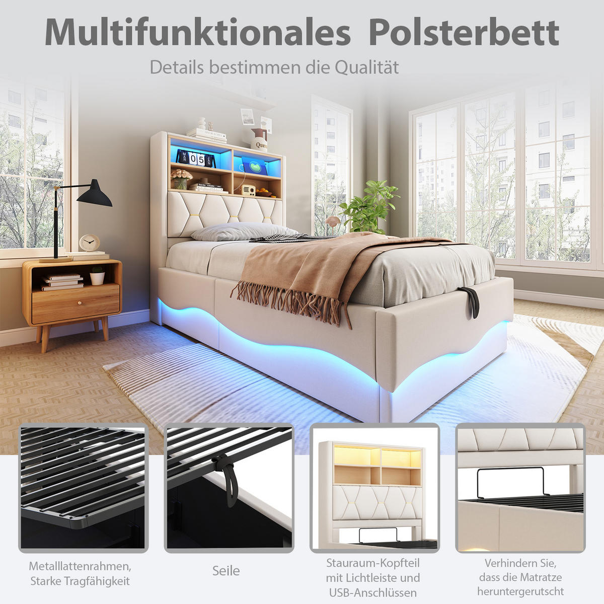POLSTERBETT aus Leinen und Metall 90x200 cm in Beige mit LED & USB & Stauraum - Beige, Textil (90/200cm) - Modfu